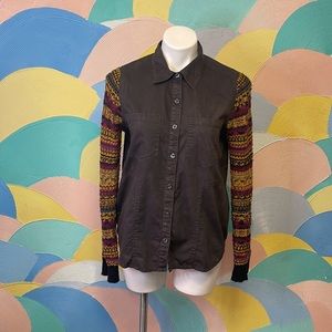 RARE Free People grey Button Down Sweater with purple & yellow knit distressed